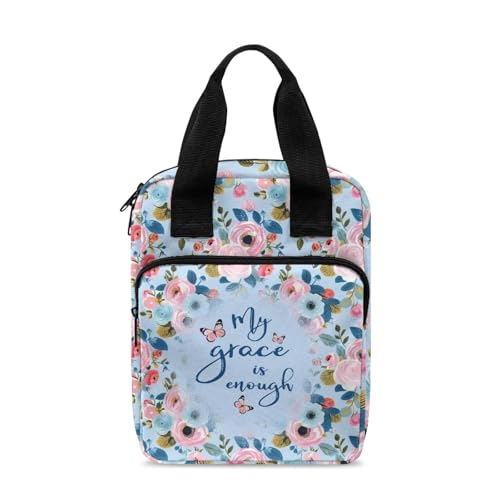 Bible Cover Bag for Women Men, My Grace is Enough, Scripture Study Carrying Book Cover Church Bag with Handle and Pocket for Fathers Mothers Mom Kids, Christian Gifts - color: Poppy Flower Butterfly