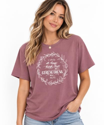 Christian Shirts for Women, Bible Verse Scripture, Jesus Faith Graphic Tee - color: Philippians 4:13 Wreath — Mauve, size: Medium