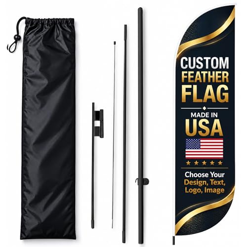 Custom Feather Flag by BCB Print, Personalized Swooper Flag with Photo, Text or Logo, 11.5x2.5 FT Single-Sided HD Print, Optional Add-On 15 FT Pole Kit & Ground Spike, Made in USA, Fast Delivery - color: Feather Flag +/– Ground Spike Kit