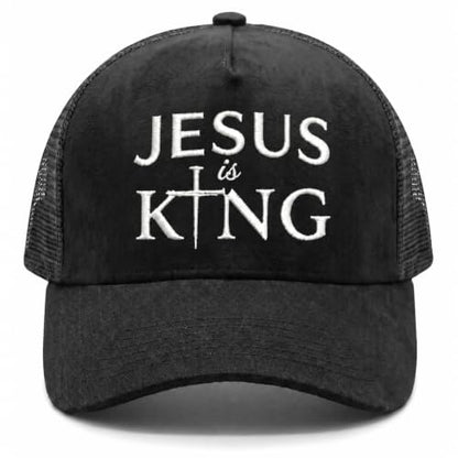 Christian Hat for Men Women - Premium Embroidered Faith Baseball Cap - Religious Jesus Gifts, Mesh Back Trucker Hats - color: Jesus is King-black
