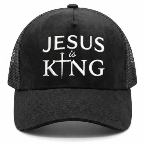 Christian Hat for Men Women - Premium Embroidered Faith Baseball Cap - Religious Jesus Gifts, Mesh Back Trucker Hats - color: Jesus is King-black