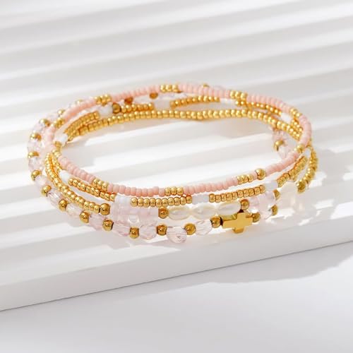 Gold Beaded Bracelets Stack for Women Stackable 14K Gold Plated Beads Ball Cross Bracelet Boho Christian Jewelry Faith Friendship Birthday Gifts for Women - color: Pink Crystal