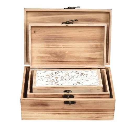 Wooden Keepsake Box Set of 3 - Decorative Storage Boxes with Hinged Lid - color: White&Brown, size: S&M&L