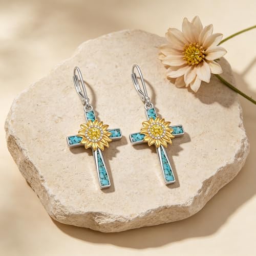 Sunflower Earrings 925 Sterling Silver Genuine Turquoise with Cross Drop Earrings for Women