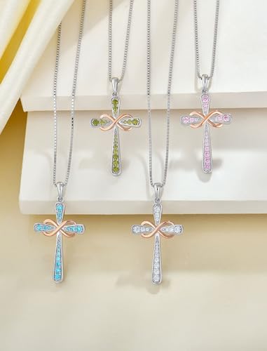 YL 925 Sterling Silver Cross Necklace for Women Halo Infinity Pendant Cubic Zirconia Jewelry for Mom - color: 04-zirconia-Apr-rose gold