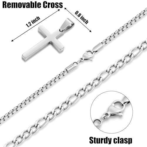 Fiusem 2 Pcs Cross Necklace Chain for Men, Stainless Steel Pendant - color: Silver, size: 16/18 Inches