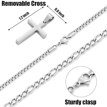 Fiusem 2 Pcs Cross Necklace Chain for Men, Stainless Steel Pendant - color: Silver, size: 22/24 Inches