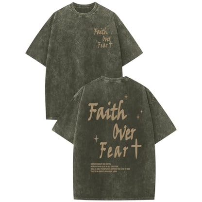 Christian Shirts for Men Faith Over Fear Acid Wash Tshirts Faith Religious Tees God Bible Verse Inspirational Tops - color: Army Green, size: Small