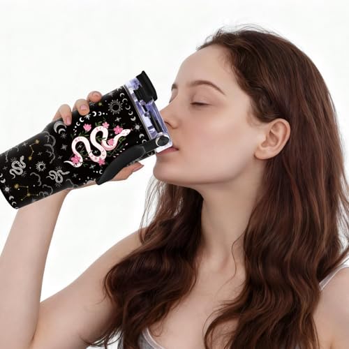 Black Gothic Pink Snake Tumbler with Top Handle and Flip Straw Lid 20oz Black Celestial Stainless Steel Insulated Travel Cups - Witchy Gifts for Women Christmas Birthday Goth Aesthetic Coffee Mugs - color: Snake01