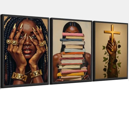 Pormipone African American Woman Wall Art Unframed Prints 3 Piece Set 12x18 - color: Black Girl Canvas Art B, size: 18"L x 12"W