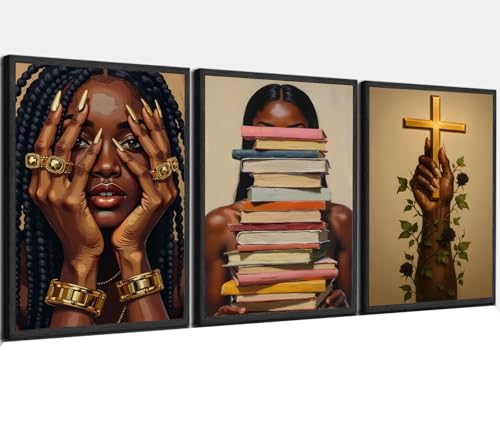 Pormipone Black Woman Unframed Wall Art 16x24 Books Faith Cross Set 3 - color: Black Girl Canvas Art B, size: 24"L x 16"W