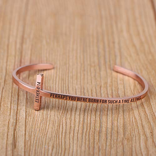 Memgift 𝐂𝐫𝐨𝐬𝐬 𝐁𝐫𝐚𝐜𝐞𝐥𝐞𝐭 Religious Cuff Bangle 𝐁𝐢𝐛𝐥𝐞 𝐕𝐞𝐫𝐬𝐞 Christian Gifts Jewelry for 𝐖𝐨𝐦𝐞𝐧 - style: Rose gold-Perhaps you were born for such a time as this -Esther 4:14