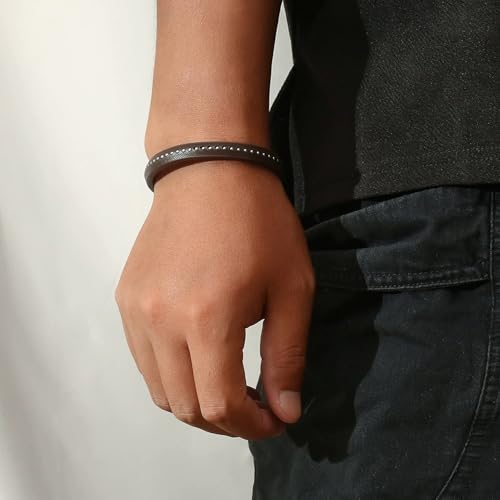 Kim Carrey Italian Handmade Leather Bracelets for Men - color: Thin Brown, size: 8.2"