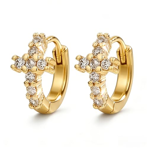 Gold Cross Hoop Earrings for Women Cubic Zirconia Cross Earrings Prom Wedding Party Huggie Earrings Christian Jewelry Gift - color: Gold