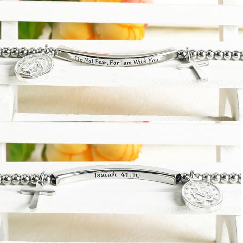 DS Women Christian Charm Bracelet,Cross Scripture Stainless Steel Jewelry - style: Do not fear for,I am with you-Silver