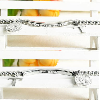 DS Women Christian Charm Bracelet,Cross Scripture Stainless Steel Jewelry - style: Do not fear for,I am with you-Silver