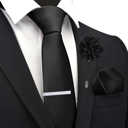 Branduce 3.15"（8cm） Mens Tie and Lapel Pin Solid Necktie Handkerchief Tie Clip Set for Men - color: Black