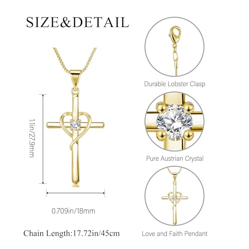 Cross Heart Necklace, 18K Gold Plated Crystal Pendant for Women - color: Yellow