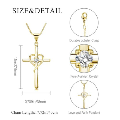 Cross Heart Necklace, 18K Gold Plated Crystal Pendant for Women - color: Yellow