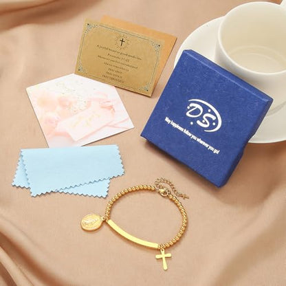 DS Women Christian Charm Bracelet,Cross Scripture Stainless Steel Jewelry - style: A joyful heart is good medicine.-Gold