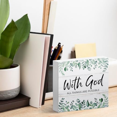 Bible Verse Desk Decor Signage for Office Home, With God All Things are Possible, Wooden Sign 5x5 Inches - color: Beige