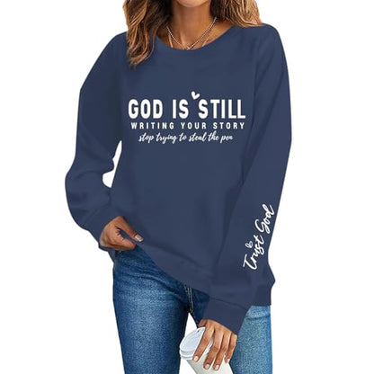 PAIEXILY Christian Crewneck Sweatshirts for Women God Faith Bible Verse Pullover Jesus Religious Long Sleeve Shirts Tops - color: Gray Blue, size: X-Large