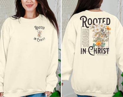 Women Christian Sweatshirt Rooted in Christ Shirts Jesus Boho Faith Clothes - color: Beige, size: XX-Large