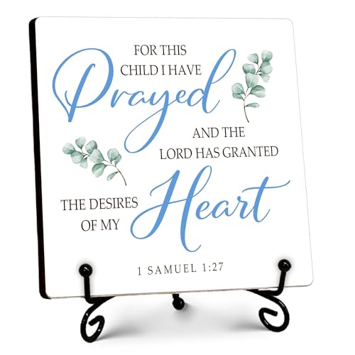 Baptism Decorations for Boys, For This Child We Have Prayed Sign, Bible Verse Small Decor for Shelves Nursery Kids Room Bedroom, Christian Baby Gifts, Baby Boy Nursery Decor - color: blue