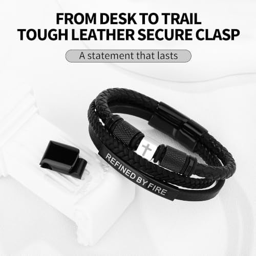 Leather Cross Bracelet for Men, Inspirational Christian Bracelet - color: REFINED BY FIRE
