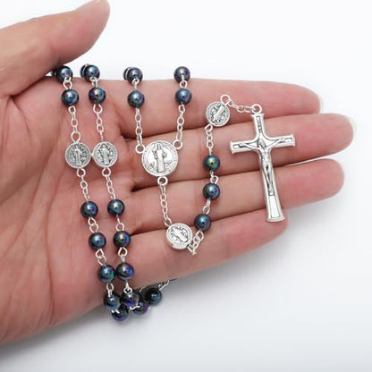 KOMI 6mm Glass Pearl Rosary Beads Catholic for Women with Metal Rosary Box Religious Gifts - style: St Benedict-black