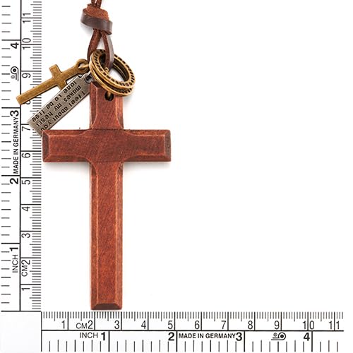 COOLSTEELANDBEYOND Leather Cord Necklace with Wooden Cross and Ring Charms, Mens Womens, Adjustable Brown Leather Cord