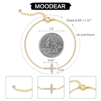 Moodear Cross Bracelet for Women, Dainty Sterling Silver/Gold Plated Gift - color: CZ Gold Cross Bracelet
