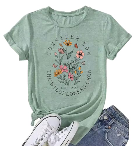 Women Hiking Mountain Shirt Nature Sunrise Graphic Printed Hiking T Shirt Summer Short Sleeve Workout Tee top - color: Wildflowers Pale Green, size: X-Large