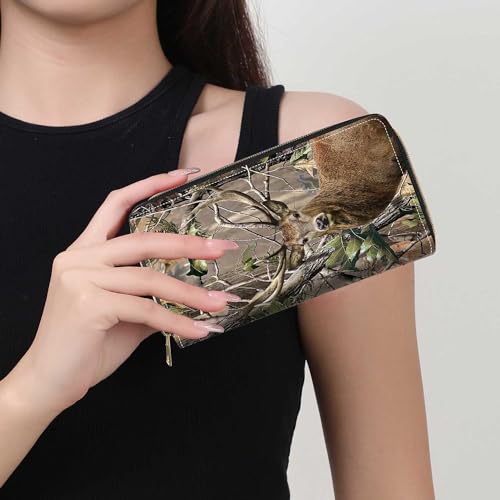 Jungle Camo Deer Print Wallet for Women Large Capacity Wallet Credit Card Holder PU Leather Zipper Clutch Purse Phone Wallet - color: Jungle Camo Deer