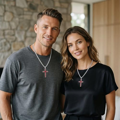 MRENITE Silver Natural Stone Cross Necklace, Classic Latin Cross Pendant Necklace for Unisex Women Man, Vintage Crystal Quartz Cross Necklace with 20+2 Inches Adjustable Cuban Chain - style: Red Opal