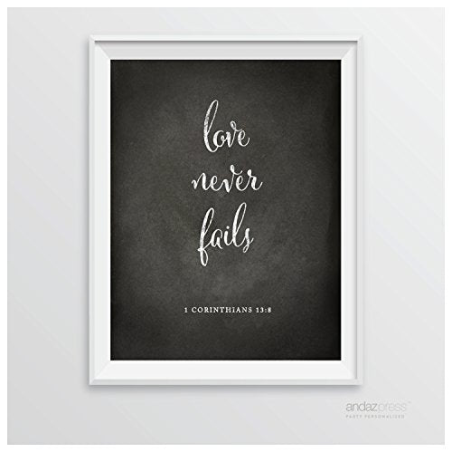 Andaz Press Biblical Wedding Signs, Vintage Chalkboard Print, 8.5-inch x 11-inch, Love Never Fails, 1 Corinthians 13:8, Bible Quotes, 1-Pack - color: Verse Love Never Fails