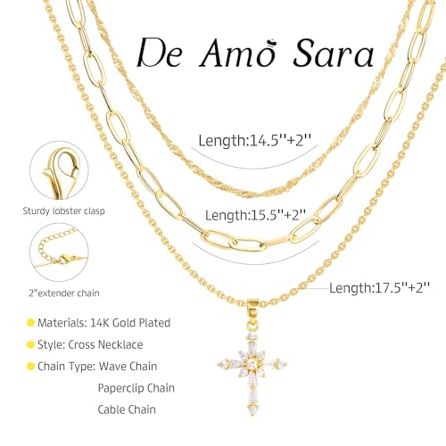 Cross Necklace for Women, Dainty 14K Gold Plated Cross Pendant Simple Long Necklaces for Women, Christian Faith Necklace Trendy Gold Jewelry Gifts for Easter - color: 3 layer zircon cross necklace-1