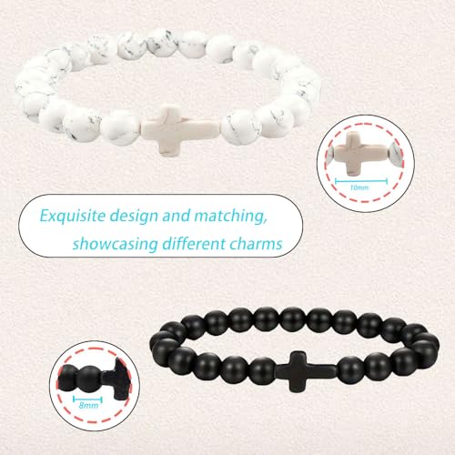 Beaded Cross Bracelet Elastic Christian Faith Gift for Men & Women, Beaded Prayer Bracelet for Baptism, Easter, Bible Study - color: BLACK,WHITE