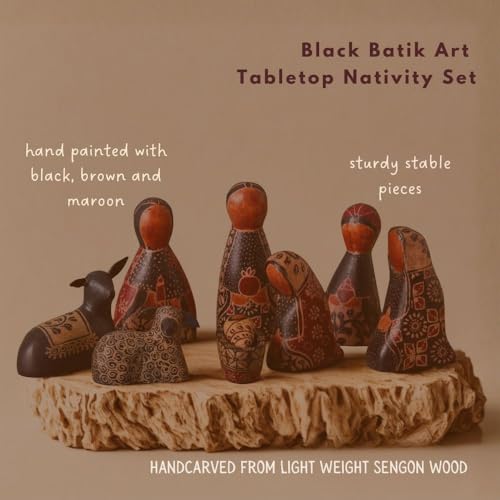 Black Batik Nativity Set, Christmas Decorations, Collectible Figurines, Xmas Indoor Home Decor - Fireplace Mantel, Desk, Shelf, Wooden Statues, 8pcs