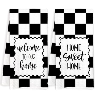 Black White Check Welcome Home Sweet Home Kitchen Towels Set of 2 - color: Sweet Home D