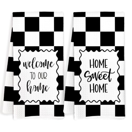 Black White Check Welcome Home Sweet Home Kitchen Towels Set of 2 - color: Sweet Home D