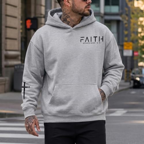 Christian Hoodies for Men Faith Cross Graphic Hoodie Jesus Fleece Sweatshirts Bible Verse Religious Pullover Tops - color: Light Gray, size: Large