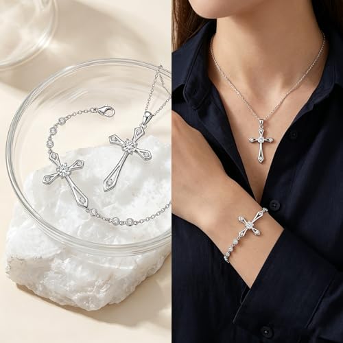Cross Necklace for Women,925 Sterling Silver Faith Jewerly Gift - color: 04-April-White Diamond