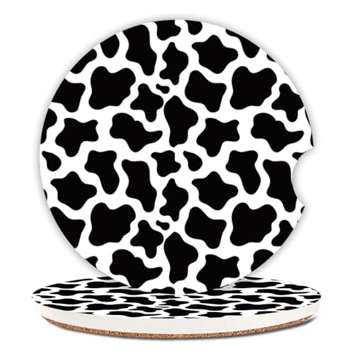 Cute Cow Print Animal Themed Black and White Ceramic Cup Holders Car Coasters Set for Women/Men,Drink Cup Car Holder Coasters with A Finger Notch 2.56" Pack of 2 - color: Cow Print Animal