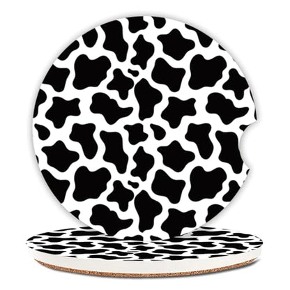 Cute Cow Print Animal Themed Black and White Ceramic Cup Holders Car Coasters Set for Women/Men,Drink Cup Car Holder Coasters with A Finger Notch 2.56" Pack of 2 - color: Cow Print Animal