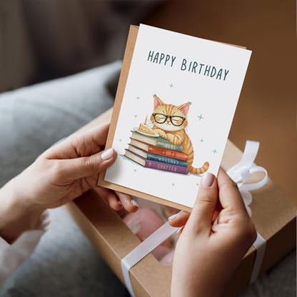 Cute Birthday Card for Cat Lover, Funny Birthday Card for Sister Brother Best Friend Family, Book Bday Card for Men Women, Here Is To Another Chapter - color: Cat Birthday