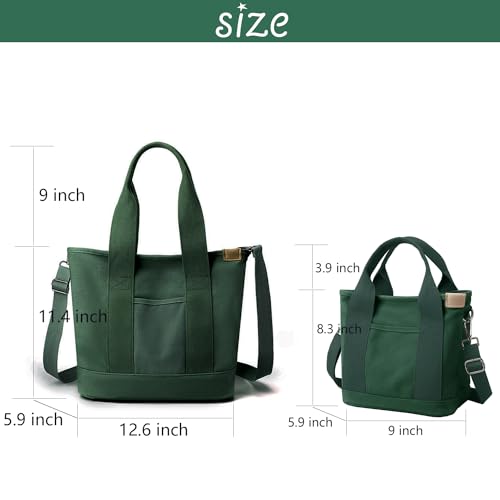 Canvas Tote Bag for Women,Small Totes Bags with Zipper Crossbody Purse with Pockets Large Shoulder Handbag,2 Sizes - color: Dark Green, size: Small