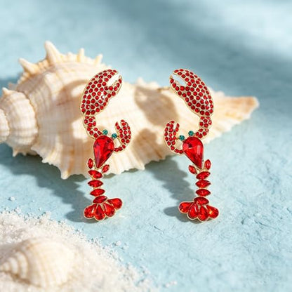 Creative Exaggerated Ocean Animal Drop Dangle Earrings for Women, Bohemia Style Alloy Lobster Octopus Fish Crab Earrings for Summer Beach Holiday Party Jewelry Gifts - style: Red Blue Rhinestone Lobster Earrings-I