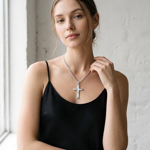 MRENITE Silver Natural Stone Cross Necklace, Classic Latin Cross Pendant Necklace for Unisex Women Man, Vintage Crystal Quartz Cross Necklace with 20+2 Inches Adjustable Cuban Chain - style: Mother of Pearl