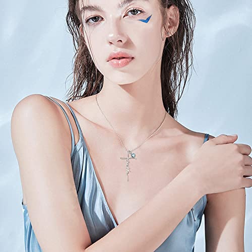 PRAYMOS Faith Cross Necklace for Women 925 Sterling Silver Pendant Necklace With Birthstone Initial Christian Religious Confirmation Baptism Mothers Day Gifts - color: 2-Silver March(Aquamarine)